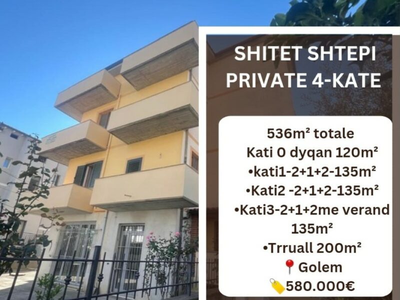 Shitet shtëpi private katër katëshe me dyqan në Golem - Ideale per investim!